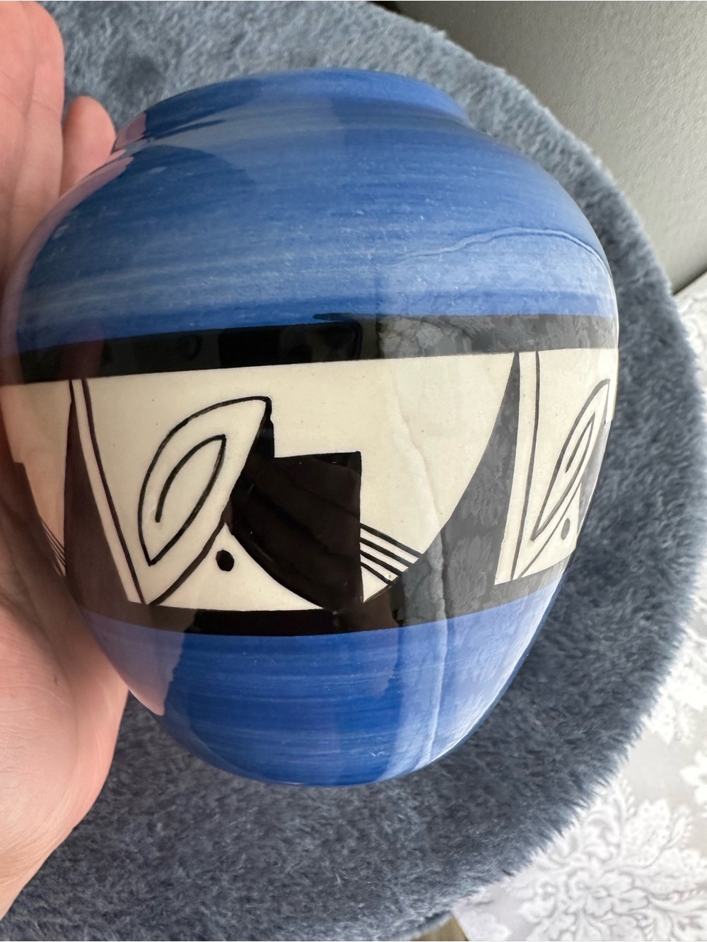 Native Indian Vintage Ute Mountain Pottery Vase Blue White Black Glazed signed